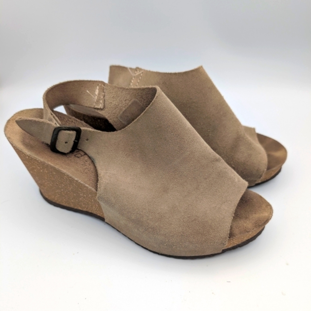 Bio-Gold Women's Tan Italian Leather Suede Wedge Cork Sandals 7.5 Taupe